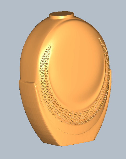 Right-side 3D view of a premium spirits bottle design, showcasing detailed CAD modeling, textured side panel detailing, and elegant oval-shaped bottle architecture for custom glass packaging development.