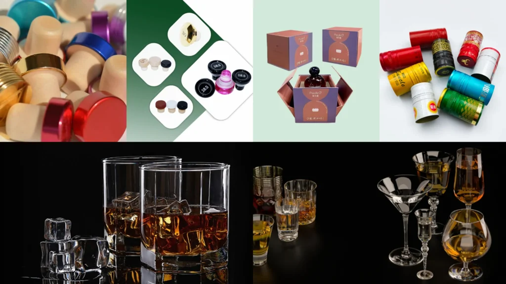 Closures & Packaging A collage showcasing comprehensive packaging solutions, featuring custom synthetic corks, T-top premium closures, custom printed aluminum screw caps, luxury rigid packaging gift boxes, and elegant crystal spirits glassware for premium beverage brands.