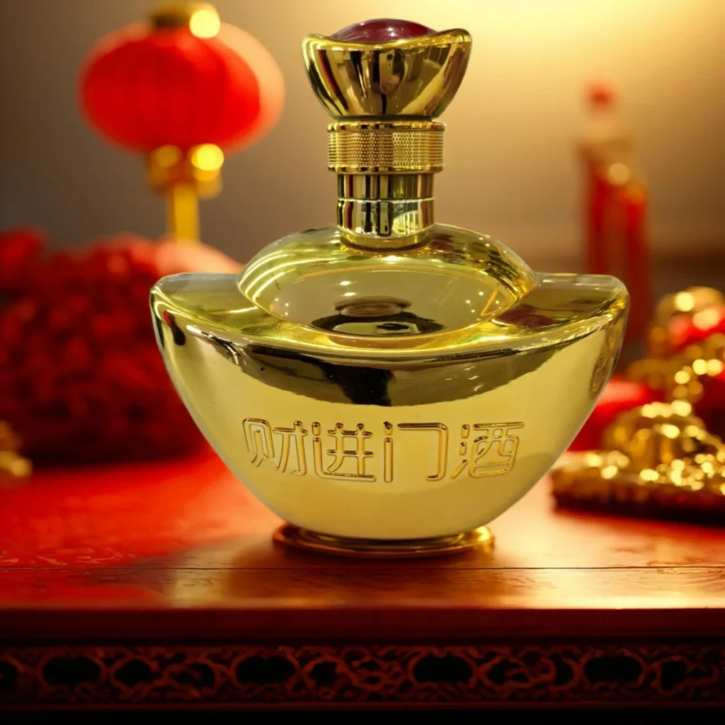High-end electroplated gold glass bottle with striking metallic mirror finish for premium spirits