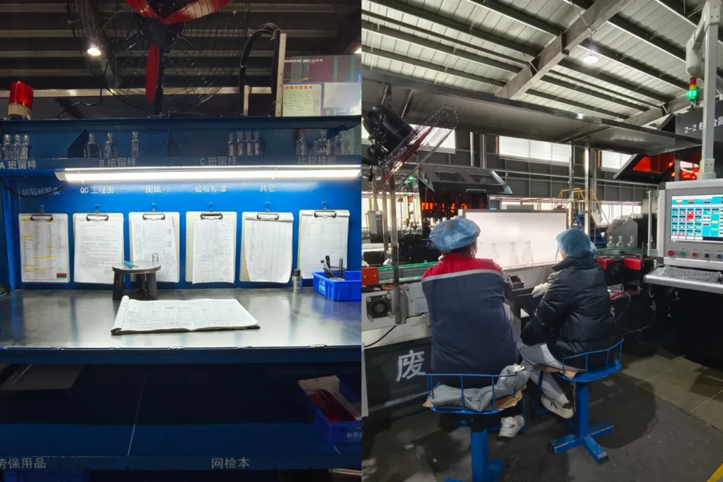 A split-screen image showing the rigorous quality control process in a glass packaging factory: The left side displays a professional on-site QC workstation equipped with blueprint clipboards and standard defect reference sheets; the right side shows technicians conducting manual light inspection right after the automated glass bottle inspection machinery on the conveyor line.