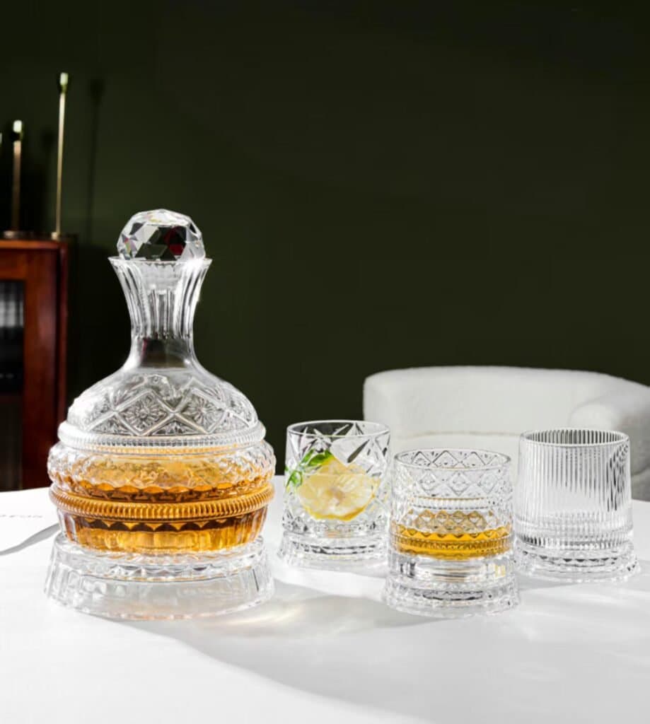 Luxury crystal decanters and custom glassware for brand presentation