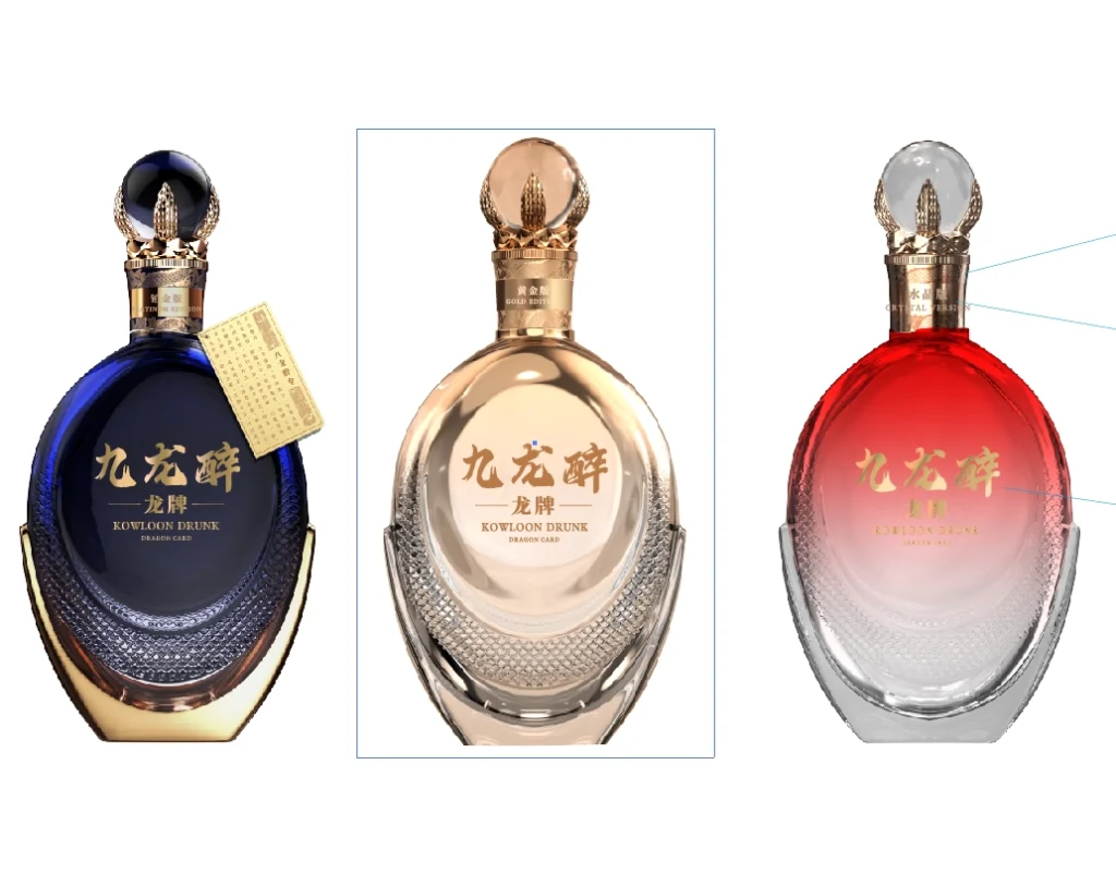 Three variations of a premium spirits bottle design featuring deep blue, gold, and red-gradient finishes, showcasing complex crystal-topped closures, embossed side textures, and elegant collector's edition styling.