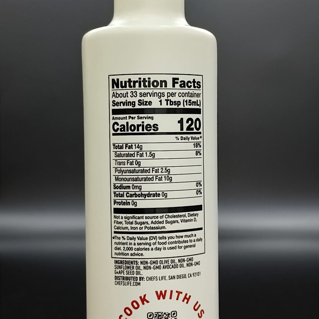 High-resolution screen printing on glass bottles for nutrition facts, ingredients, and product information labels on food packaging.
