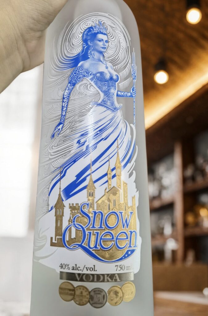 Detailed screen printing on glass bottles featuring intricate graphic spirits bottle decoration for premium vodka packaging.