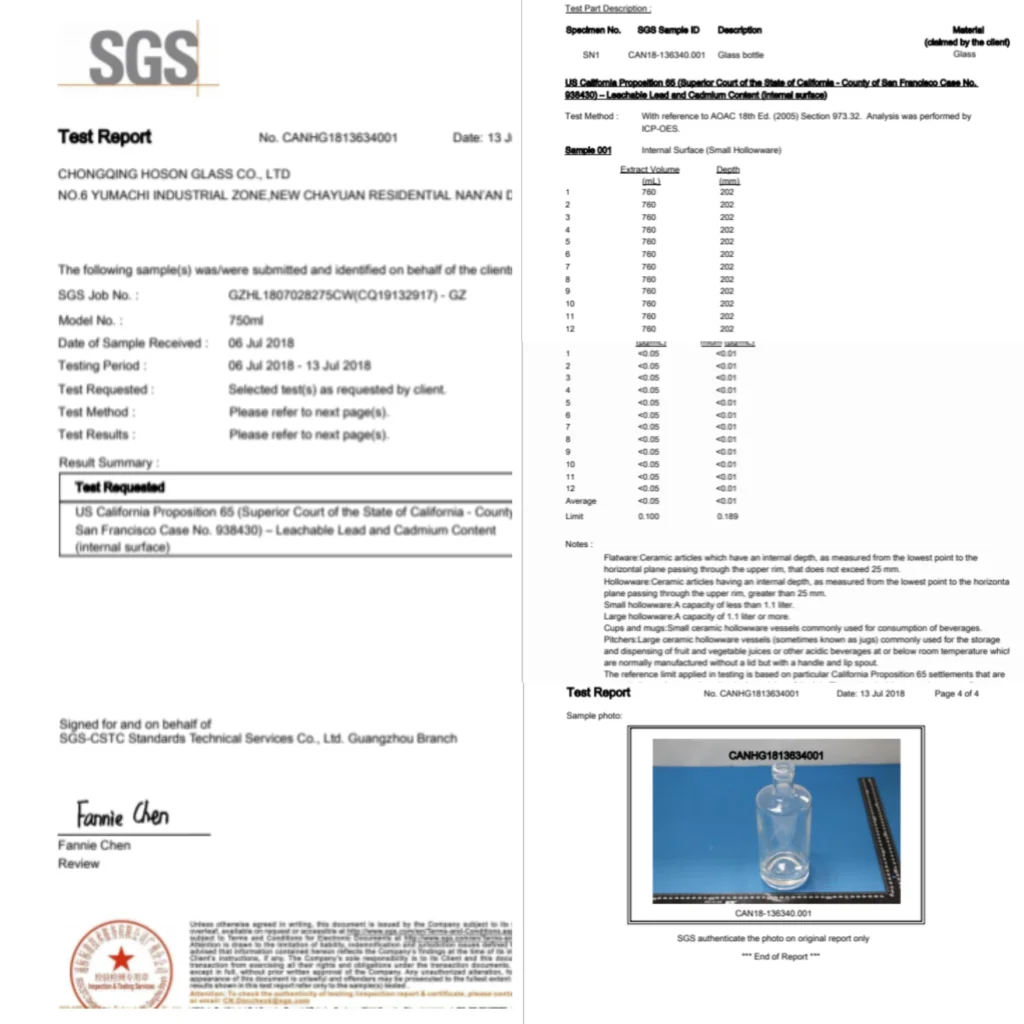 SGS Test Report for California Prop 65 Compliance of Glass Bottle